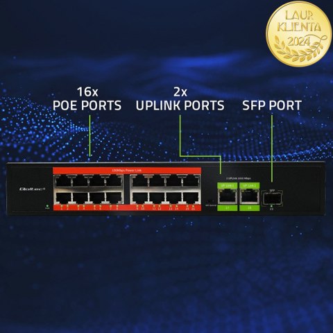 Qoltec Przełącznik sieciowy SWITCH Fast Ethernet PoE | 16x RJ45 10/100 Mb/s | 2x RJ45 Uplink 1000 Mb/s | 1x SFP 1000 Mb/s
