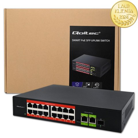 Qoltec Przełącznik sieciowy SWITCH Fast Ethernet PoE | 16x RJ45 10/100 Mb/s | 2x RJ45 Uplink 1000 Mb/s | 1x SFP 1000 Mb/s