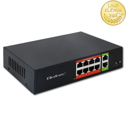 Qoltec Przełącznik sieciowy SWITCH Fast Ethernet PoE | 8x RJ45 | 2x RJ45 Uplink | 120W | 10/100 Mb/s