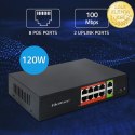 Qoltec Przełącznik sieciowy SWITCH Fast Ethernet PoE | 8x RJ45 | 2x RJ45 Uplink | 120W | 10/100 Mb/s