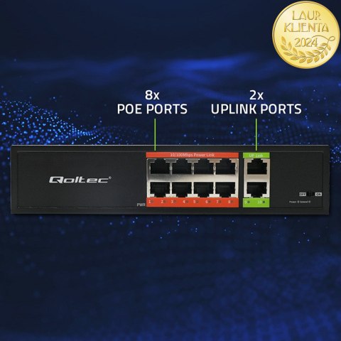 Qoltec Przełącznik sieciowy SWITCH Fast Ethernet PoE | 8x RJ45 | 2x RJ45 Uplink | 120W | 10/100 Mb/s