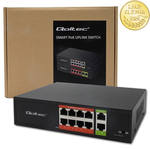 Qoltec Przełącznik sieciowy SWITCH Fast Ethernet PoE | 8x RJ45 | 2x RJ45 Uplink | 120W | 10/100 Mb/s
