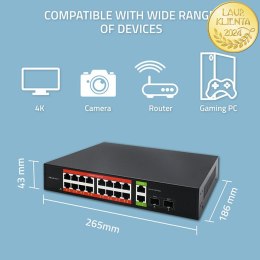 Qoltec Przełącznik sieciowy SWITCH Gigabit Ethernet PoE | 16x RJ45 | 2x RJ45 Uplink | 2x SFP | 1000Mb/s