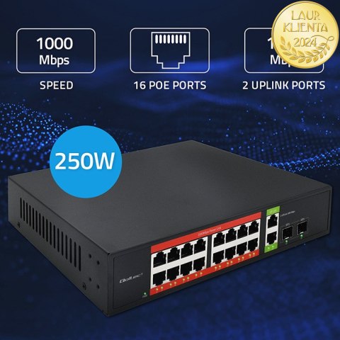 Qoltec Przełącznik sieciowy SWITCH Gigabit Ethernet PoE | 16x RJ45 | 2x RJ45 Uplink | 2x SFP | 1000Mb/s