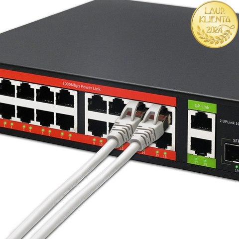 Qoltec Przełącznik sieciowy SWITCH Gigabit Ethernet PoE | 16x RJ45 | 2x RJ45 Uplink | 2x SFP | 1000Mb/s