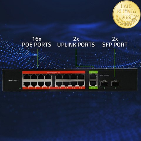 Qoltec Przełącznik sieciowy SWITCH Gigabit Ethernet PoE | 16x RJ45 | 2x RJ45 Uplink | 2x SFP | 1000Mb/s
