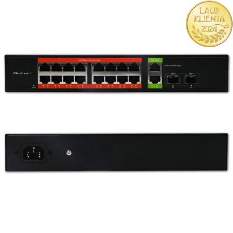 Qoltec Przełącznik sieciowy SWITCH Gigabit Ethernet PoE | 16x RJ45 | 2x RJ45 Uplink | 2x SFP | 1000Mb/s