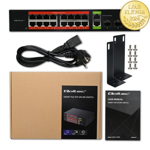 Qoltec Przełącznik sieciowy SWITCH Gigabit Ethernet PoE | 16x RJ45 | 2x RJ45 Uplink | 2x SFP | 1000Mb/s
