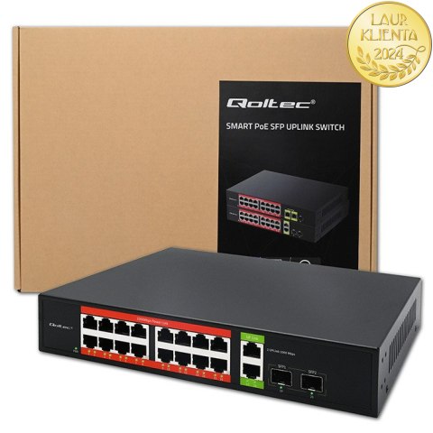 Qoltec Przełącznik sieciowy SWITCH Gigabit Ethernet PoE | 16x RJ45 | 2x RJ45 Uplink | 2x SFP | 1000Mb/s