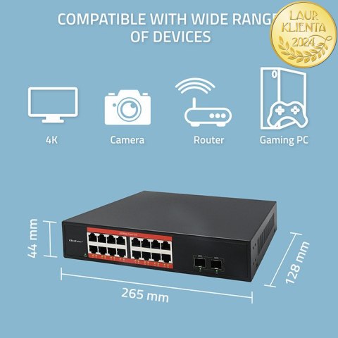Qoltec Przełącznik sieciowy SWITCH Gigabit Ethernet PoE | 16x RJ45 | 2x SFP | 1000 Mb/s