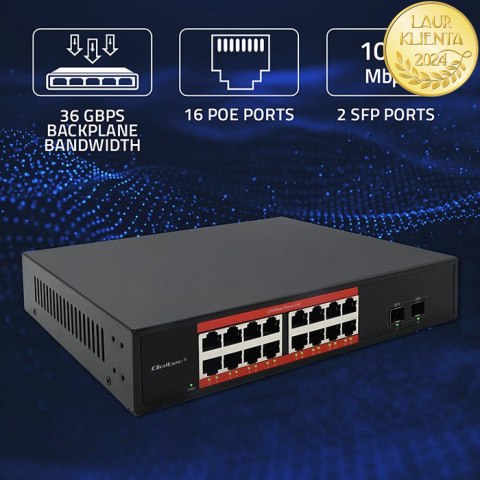 Qoltec Przełącznik sieciowy SWITCH Gigabit Ethernet PoE | 16x RJ45 | 2x SFP | 1000 Mb/s