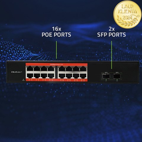 Qoltec Przełącznik sieciowy SWITCH Gigabit Ethernet PoE | 16x RJ45 | 2x SFP | 1000 Mb/s