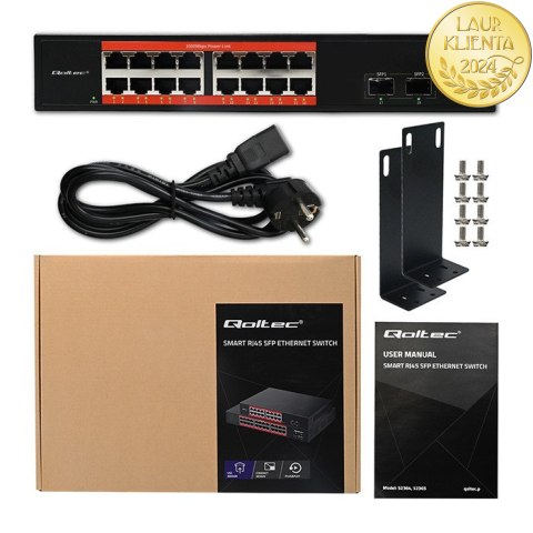 Qoltec Przełącznik sieciowy SWITCH Gigabit Ethernet PoE | 16x RJ45 | 2x SFP | 1000 Mb/s