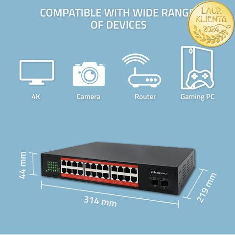 Qoltec Przełącznik sieciowy SWITCH Gigabit Ethernet PoE | 24x RJ45 | 2x SFP | 1000 Mb/s