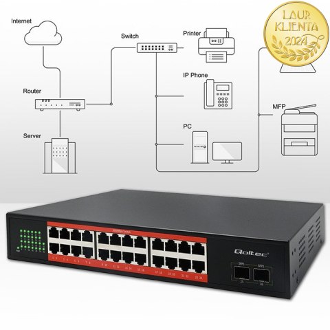 Qoltec Przełącznik sieciowy SWITCH Gigabit Ethernet PoE | 24x RJ45 | 2x SFP | 1000 Mb/s