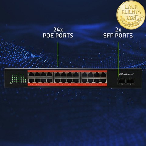 Qoltec Przełącznik sieciowy SWITCH Gigabit Ethernet PoE | 24x RJ45 | 2x SFP | 1000 Mb/s