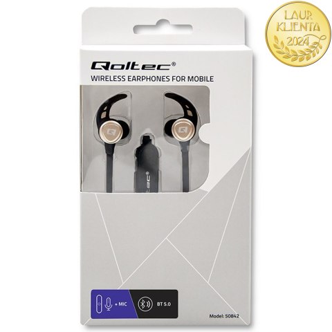 Qoltec Sportowe słuchawki bezprzewodowe BT 5.0 JL z mikrofonem dla biegaczy | zaczepy + magnetyczne końcówki | Czarne