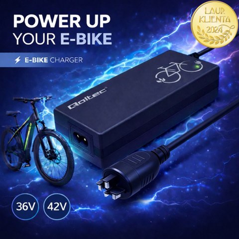 Qoltec Szybka Ładowarka do roweru elektrycznego 36V | 42V | 2A | wtyczka Bosch 3Pin +kabel zasilający