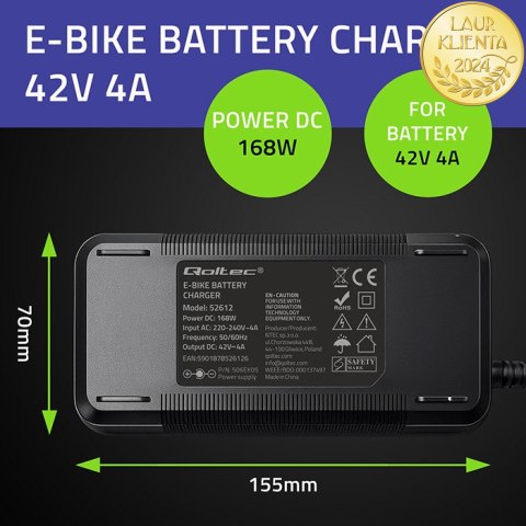 Qoltec Szybka Ładowarka do roweru skutera elektrycznego 36V | 42V | 4A | 5.5*2.1 +kabel zasilający