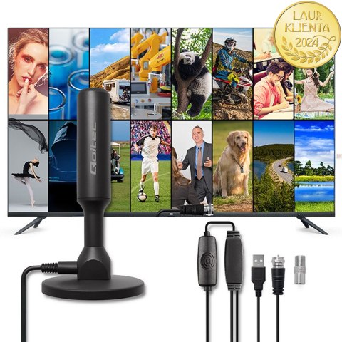 Qoltec Wewnętrzna Antena TV DVB-T2 ze wzmacniaczem sygnału i magnetyczną podstawą | 4K | 28dBi | 5m