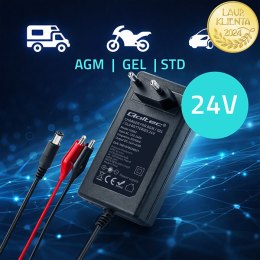 Qoltec Automatyczna ładowarka do akumulatora AGM GEL STD | Prostownik 24V | 19.2W | 5.5x2.1 | Kabel 1.8m