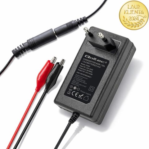 Qoltec Automatyczna ładowarka do akumulatora AGM GEL STD | Prostownik 24V | 19.2W | 5.5x2.1 | Kabel 1.8m
