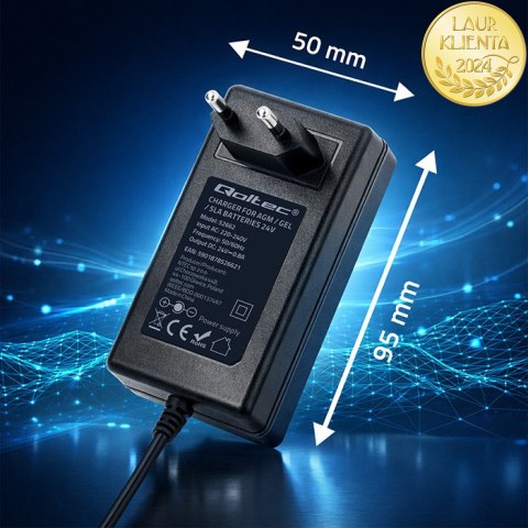 Qoltec Automatyczna ładowarka do akumulatora AGM GEL STD | Prostownik 24V | 19.2W | 5.5x2.1 | Kabel 1.8m