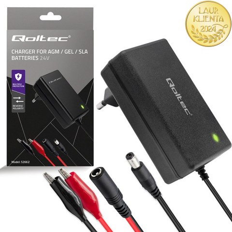 Qoltec Automatyczna ładowarka do akumulatora AGM GEL STD | Prostownik 24V | 19.2W | 5.5x2.1 | Kabel 1.8m