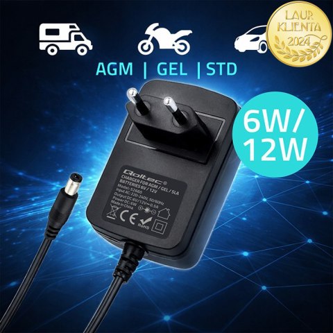 Qoltec Automatyczna ładowarka do akumulatora AGM GEL STD | Prostownik 6V/12V | 6W | 5.5x2.1 | Kabel 1.8m