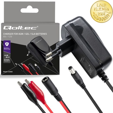 Qoltec Automatyczna ładowarka do akumulatora AGM GEL STD | Prostownik 6V/12V | 6W | 5.5x2.1 | Kabel 1.8m