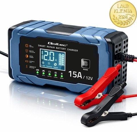 Qoltec Inteligentna mikroprocesorowa ładowarka 12V 15A | Prostownik z funkcją naprawy | AGM GEL LiFePO4 | 9- stopniowe ładowanie
