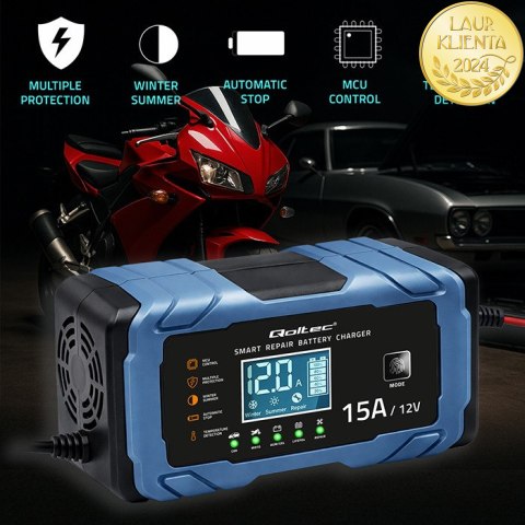 Qoltec Inteligentna mikroprocesorowa ładowarka 12V 15A | Prostownik z funkcją naprawy | AGM GEL LiFePO4 | 9- stopniowe ładowanie