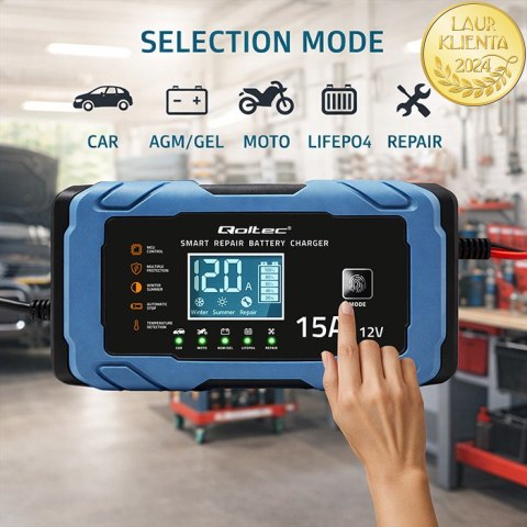 Qoltec Inteligentna mikroprocesorowa ładowarka 12V 15A | Prostownik z funkcją naprawy | AGM GEL LiFePO4 | 9- stopniowe ładowanie