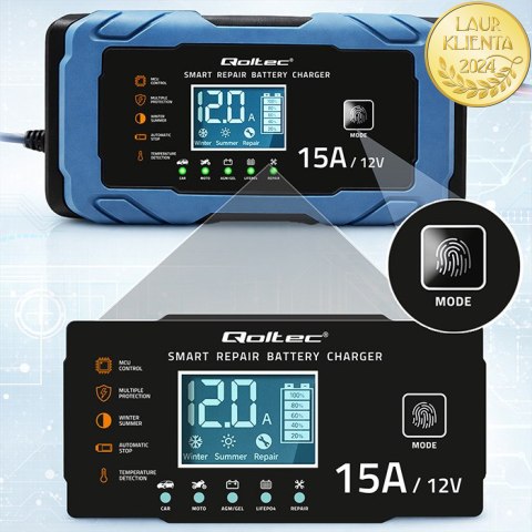 Qoltec Inteligentna mikroprocesorowa ładowarka 12V 15A | Prostownik z funkcją naprawy | AGM GEL LiFePO4 | 9- stopniowe ładowanie
