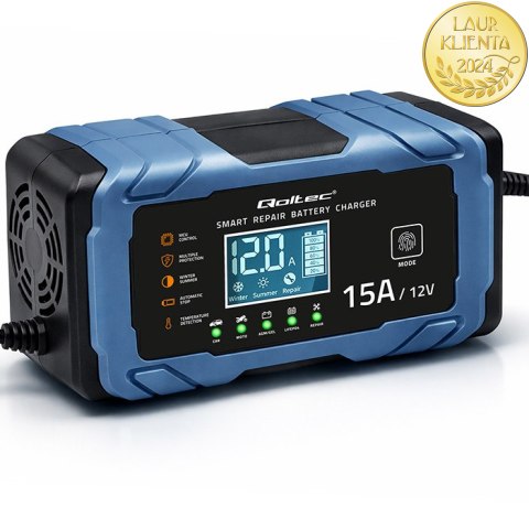 Qoltec Inteligentna mikroprocesorowa ładowarka 12V 15A | Prostownik z funkcją naprawy | AGM GEL LiFePO4 | 9- stopniowe ładowanie