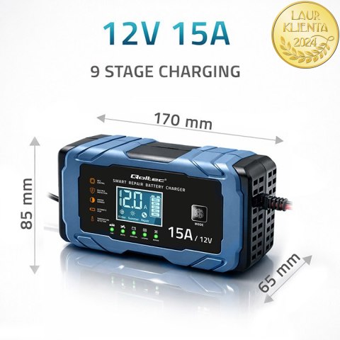 Qoltec Inteligentna mikroprocesorowa ładowarka 12V 15A | Prostownik z funkcją naprawy | AGM GEL LiFePO4 | 9- stopniowe ładowanie