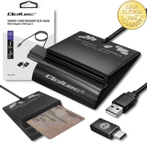Qoltec Inteligentny czytnik chipowych kart ID SCR-0636 | USB 2.0 + Adapter USB-C