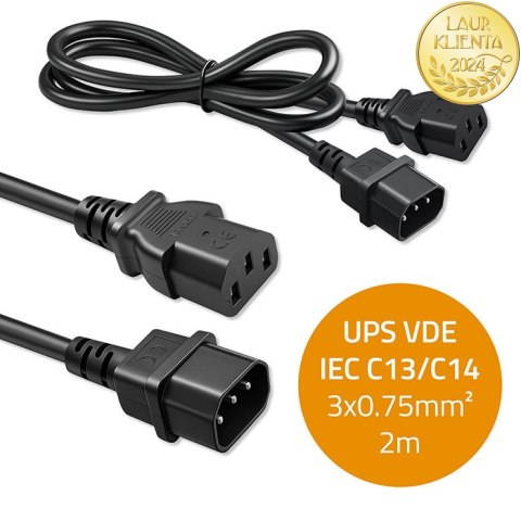 Qoltec Kabel zasilający IEC C13 | C14 | 3x0.75mm² | Czysta miedź Cu | 2m
