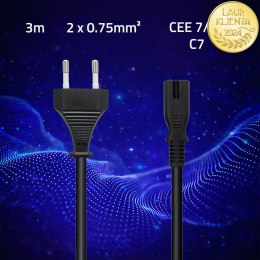 Qoltec Kabel zasilający IEC C7 | CEE 7/16 | ósemka | 2x0.75mm² | Czysta miedz CU | 3m