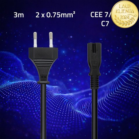 Qoltec Kabel zasilający IEC C7 | CEE 7/16 | ósemka | 2x0.75mm² | Czysta miedz CU | 3m