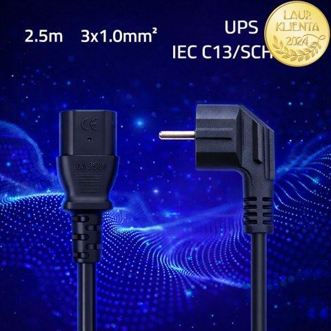 Qoltec Kabel zasilający | wtyczka kątowa SCHUKO CEE 7/7 (E/F) | IEC C13 | 3x1.00mm² | Czysta miedź Cu | 2.5m