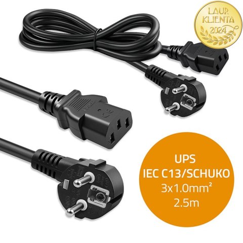 Qoltec Kabel zasilający | wtyczka kątowa SCHUKO CEE 7/7 (E/F) | IEC C13 | 3x1.00mm² | Czysta miedź Cu | 2.5m