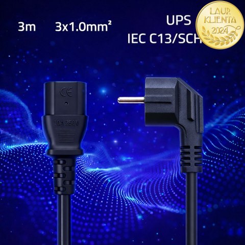 Qoltec Kabel zasilający | wtyczka kątowa SCHUKO CEE 7/7 (E/F) | IEC C13 | 3x1.00mm² | Czysta miedź Cu | 3m