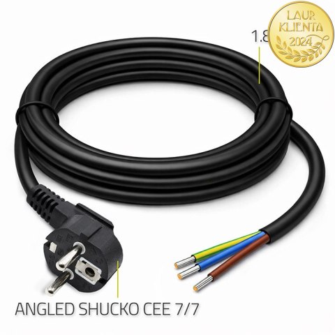 Qoltec Kabel zasilający | wtyczka kątowa SCHUKO CEE 7/7 (E/F) | miedź Cu | odizolowany lutowany | 3x1.00 mm² | 1.8m