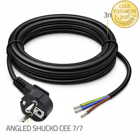 Qoltec Kabel zasilający | wtyczka kątowa SCHUKO CEE 7/7 (E/F) | miedź Cu | odizolowany lutowany | 3x1.50 mm² | 3m