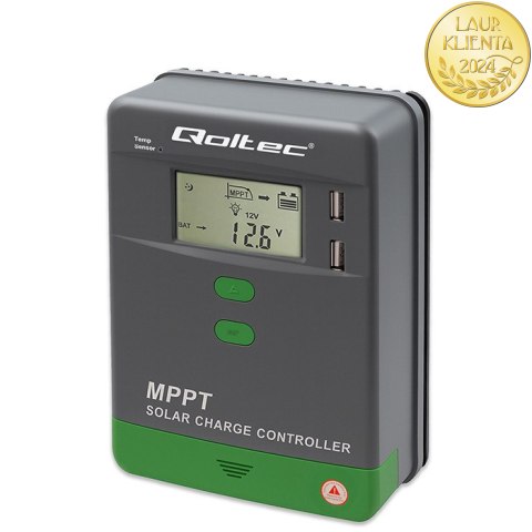 Qoltec Solarny regulator ładowania MPPT z czujnikiem temperatury 20A |12V / 24V | LCD | 2 x USB | Bluetooth | APP | GEL | LiFeP