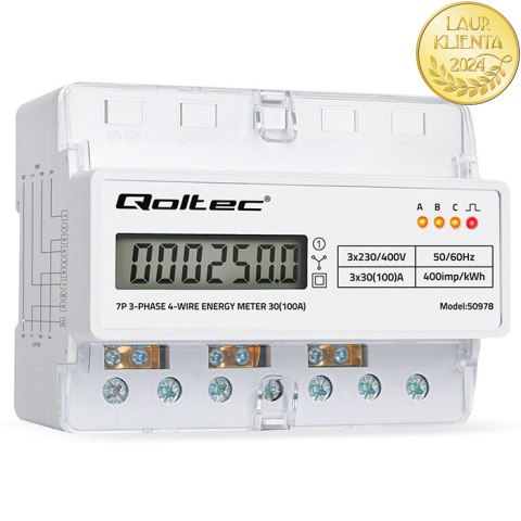 Qoltec Trójfazowy elektroniczny licznik | miernik zużycia energii na szynę DIN | 400V | 100A | LCD | LED | 7P