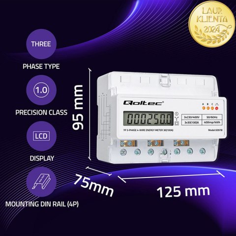Qoltec Trójfazowy elektroniczny licznik | miernik zużycia energii na szynę DIN | 400V | 100A | LCD | LED | 7P