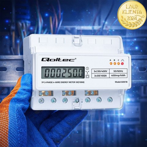 Qoltec Trójfazowy elektroniczny licznik | miernik zużycia energii na szynę DIN | 400V | 100A | LCD | LED | 7P