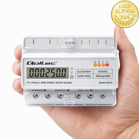 Qoltec Trójfazowy elektroniczny licznik | miernik zużycia energii na szynę DIN | 400V | 100A | LCD | LED | 7P